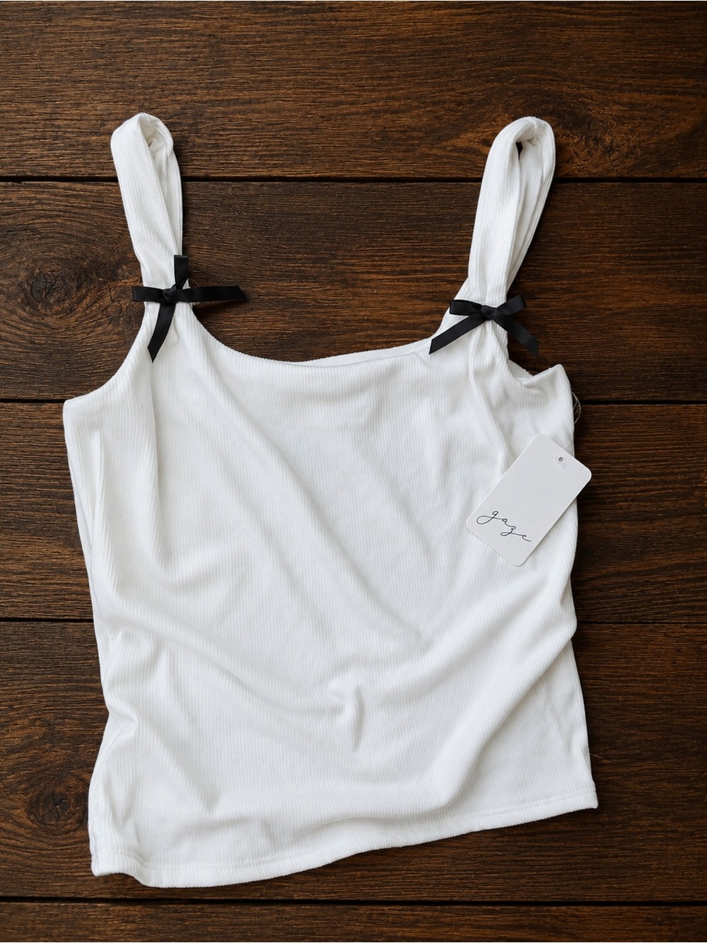 gaze White Ribbed Tank with Black Bow-Strap Accents